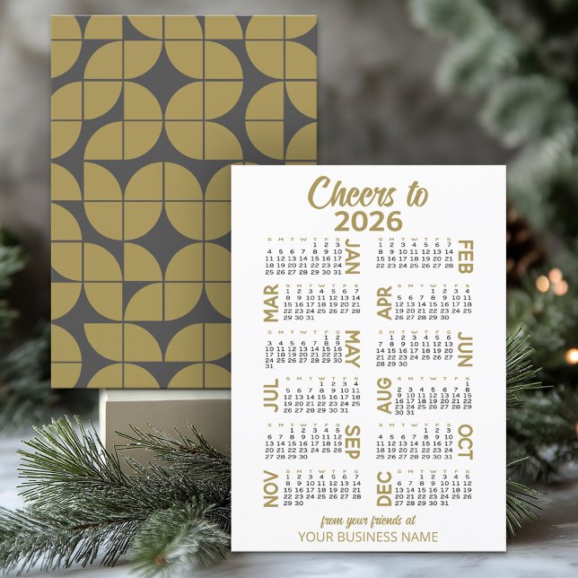 Cartes Pour Fêtes Annuelles 2024 Calendrier MCM Gold Grey Nom commercial (2026 Calendar on a Business Holiday Card)