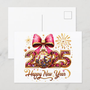 Cartes Pour Fêtes Annuelles 2025 Bonne année Disco Ball Pink Bow