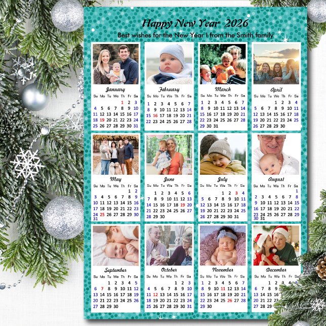 Cartes Pour Fêtes Annuelles 2025 Calendrier Famille moderne photo Festive Vert (Créateur téléchargé)