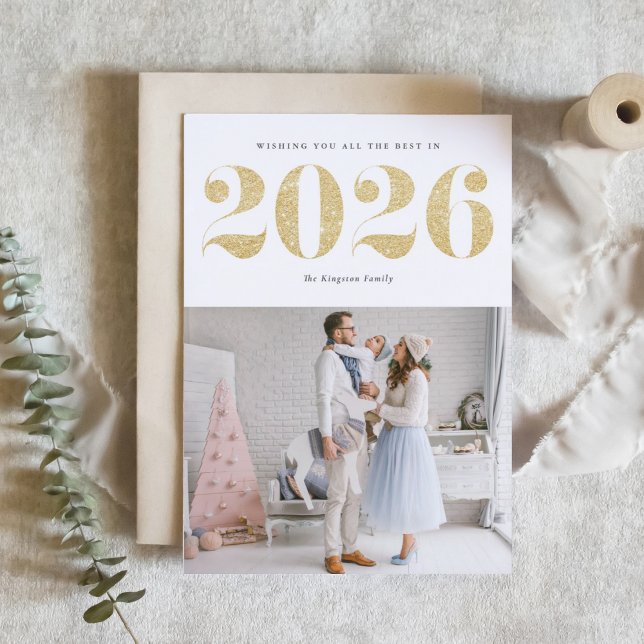 Cartes Pour Fêtes Annuelles 2025 Faux Gold Parties scintillant Moderne Bonne a (Ring in 2026 with this sparkly Happy New Year photo card featuring faux gold glitter.)