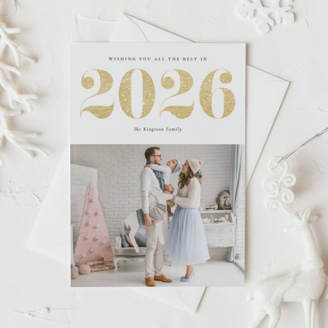 Cartes Pour Fêtes Annuelles 2025 Faux Gold Parties scintillant Moderne Bonne a (Ring in 2026 with this sparkly Happy New Year photo card featuring faux gold glitter.)