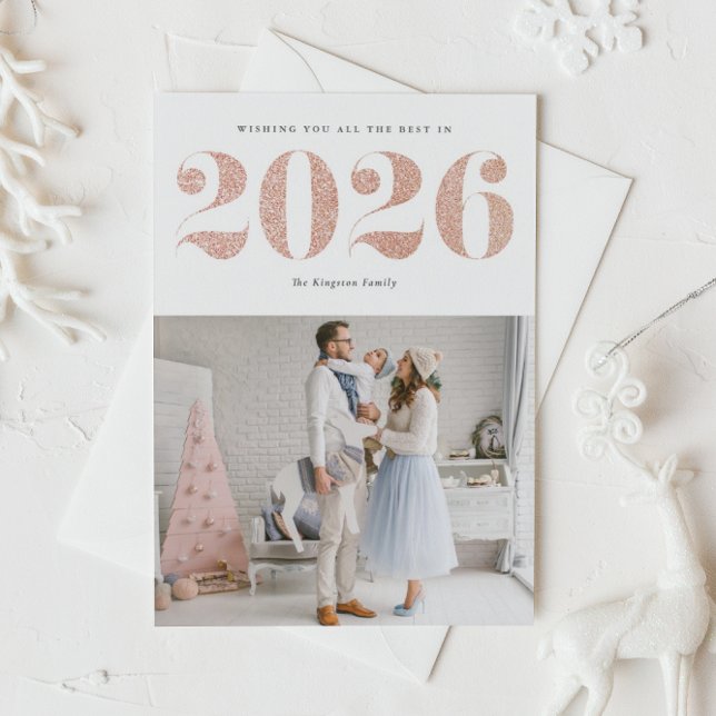 Cartes Pour Fêtes Annuelles 2025 Faux Rose Gold Parties scintillant Moderne Bo (Ring in 2026 with this sparkly Happy New Year photo card featuring faux rose gold glitter.)
