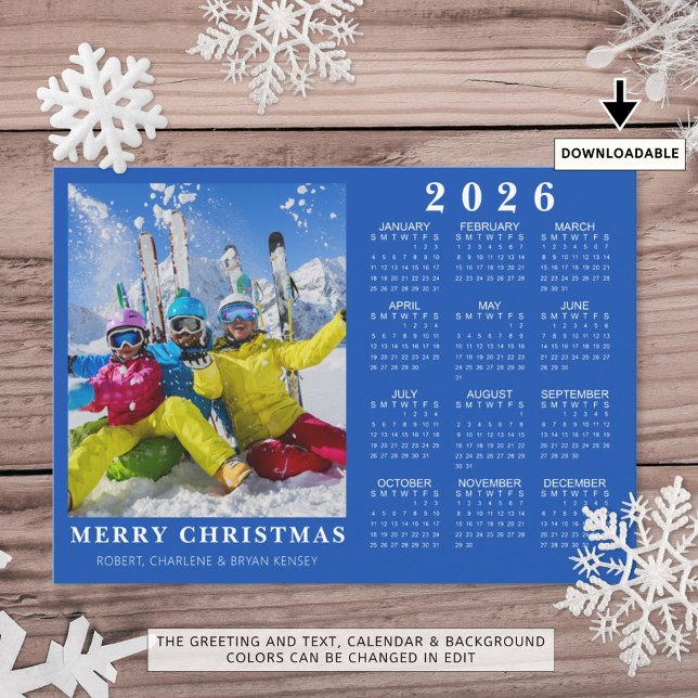 Cartes Pour Fêtes Annuelles 2025 JOYEUX NOËL Photo Calendrier 2026 Bleu (Créateur téléchargé)
