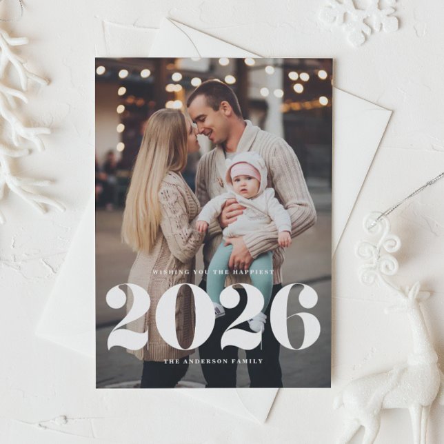 Cartes Pour Fêtes Annuelles 2025 Téméraire Typographie Verticale Photo Nouvel  (Ring in 2026 with this Happy New Year vertical photo card featuring 2026 in retro typography. )
