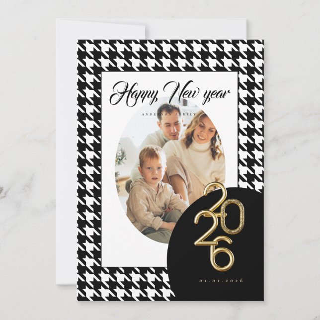 Cartes Pour Fêtes Annuelles 2026 Bonne Année Classique Houndstooth Une Photo (Devant)