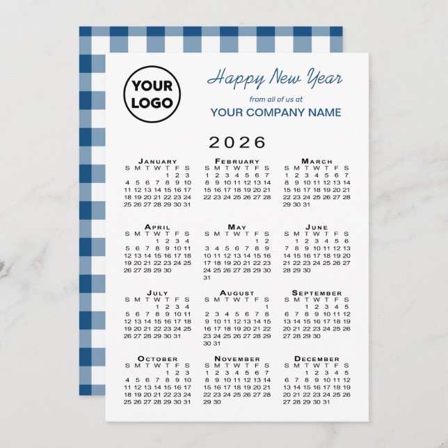 Cartes Pour Fêtes Annuelles 2026 Calendrier Business Logo Bleu Blanc En vichy (Devant / Derrière)