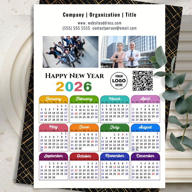 Cartes Pour Fêtes Annuelles 2026 Calendrier Business Logo Code QR Couleur mode (Créateur téléchargé)