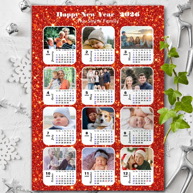 Cartes Pour Fêtes Annuelles 2026 Calendrier Famille 12 Photo Collage Festive R (Créateur téléchargé)
