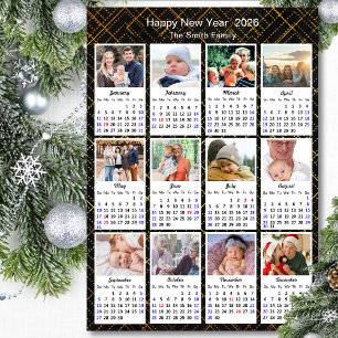 Cartes Pour Fêtes Annuelles 2026 Calendrier Famille moderne 12 Photo Black Gol