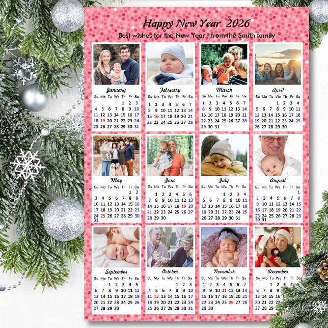 Cartes Pour Fêtes Annuelles 2026 Calendrier Famille Moderne 12 Photo Festive R (Créateur téléchargé)