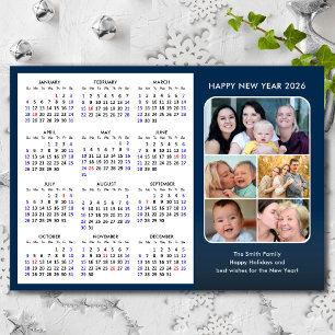 Cartes Pour Fêtes Annuelles 2026 Calendrier Famille Photo Bleu Moderne Minimal