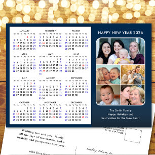 Cartes Pour Fêtes Annuelles 2026 Calendrier Famille Photo Bleu Moderne Minimal