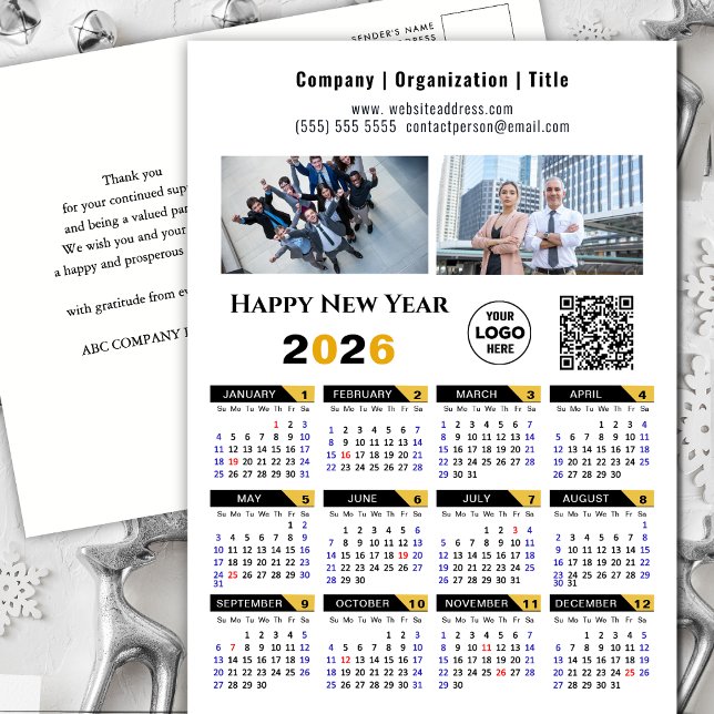 Cartes Pour Fêtes Annuelles 2026 Calendrier Gold moderne Black Business Logo Q (Créateur téléchargé)