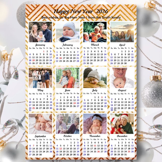 Cartes Pour Fêtes Annuelles 2026 Calendrier Modern Gold 12 Family Photo Collag (Créateur téléchargé)
