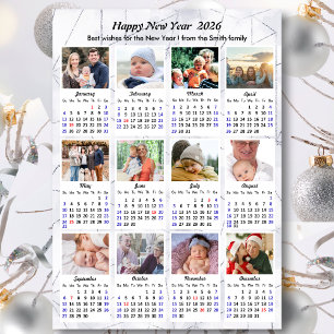 Cartes Pour Fêtes Annuelles 2026 Calendrier moderne Argent 12 Photo Collage