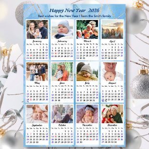 Cartes Pour Fêtes Annuelles 2026 Calendrier Moderne Bleu Or 12 Photo Collage