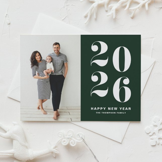 Cartes Pour Fêtes Annuelles 2026 Dark Green Bold Typography New Year Photo (Ring in 2026 with this green Happy New Year Photo Postcard featuring retro bold typography.)