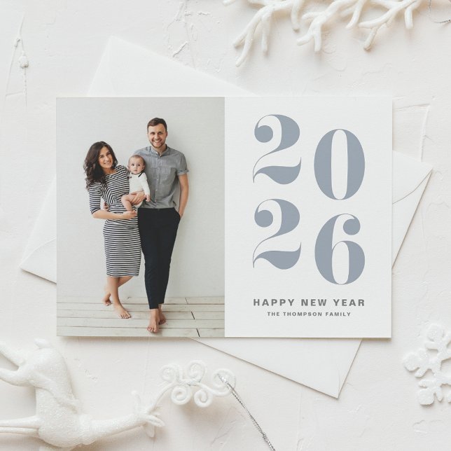 Cartes Pour Fêtes Annuelles 2026 Dusty Blue Bold Typography New Year Photo (Ring in 2026 with this dusty blue Happy New Year Photo Card featuring retro bold typography.)