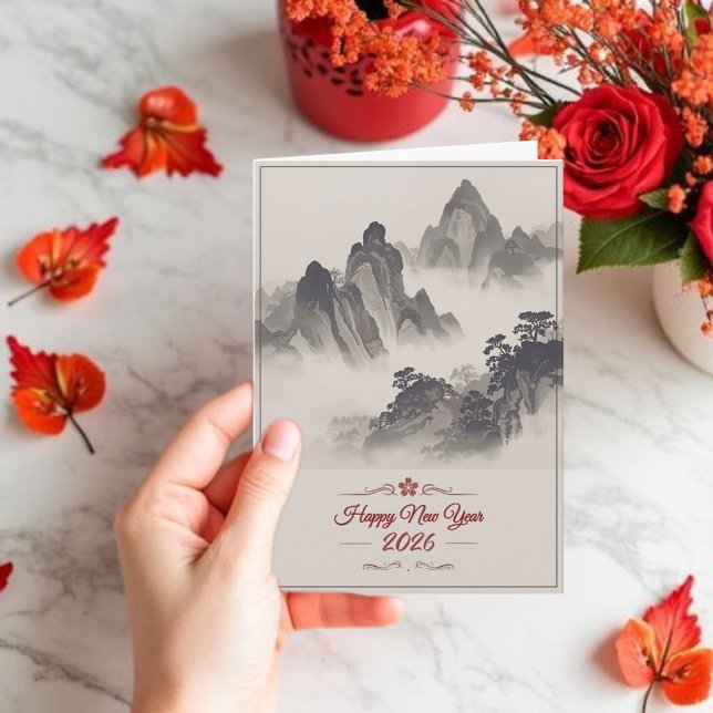 Cartes Pour Fêtes Annuelles 2026 Happy New Year Chinese Ink Mountain (Créateur téléchargé)