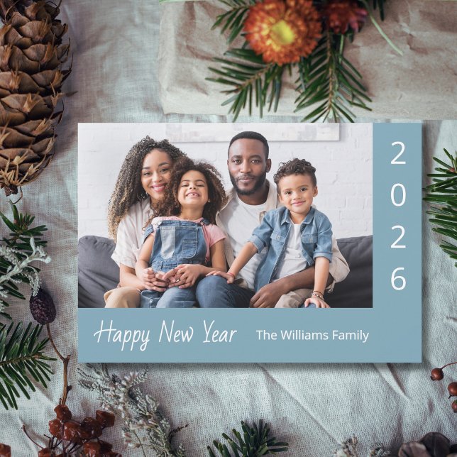 Cartes Pour Fêtes Annuelles 2026 Happy New Year Family Photo Blue Modern (Créateur téléchargé)