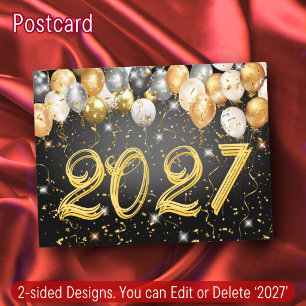 Cartes Pour Fêtes Annuelles 2027 Ballons Confettis Noir & Or Nouvel An