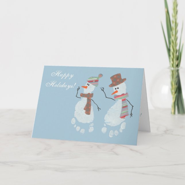 Cartes Pour Fêtes Annuelles 2 Bébé Empreinte Snowmen - Joyeuses Fêtes ! (Devant)