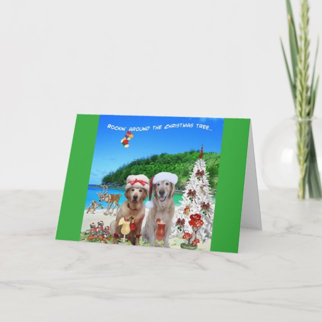 Cartes Pour Fêtes Annuelles 2 Chiens fêtant Noël sur une plage d'île (Devant)