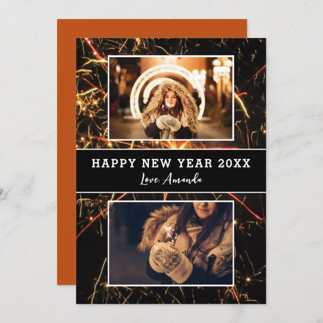 Cartes Pour Fêtes Annuelles 2 Collage de photos Feu d'artifice Bonne Année (Devant / Derrière)