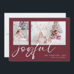 Cartes Pour Fêtes Annuelles 2 Photo 2025 Calendrier Joyeux Noël Bourgogne<br><div class="desc">Moderne 2 Photos Family Script 2025 Calendrier Joyeux Noël Bourgogne. Disponible numériquement et imprimé. Remplacez simplement les deux exemples de photos par vos propres et personnalisez-les avec vos noms. Joyful est dans un jeu élégant script set en blanc qui peut être changé en une autre couleur si vous le souhaitez....</div>