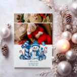 Cartes Pour Fêtes Annuelles 2 Photo Blue Snowman Premier Noël<br><div class="desc">Célébrez la première saison de vacances de votre petit avec ce design hivernal gai avec un numéro de plaid bleu, un bonhomme de neige adorable, des sucres de canne et des cadeaux épars. Customisez-le avec la photo et les détails de naissance de votre bébé pour créer un souvenir qui apporte...</div>