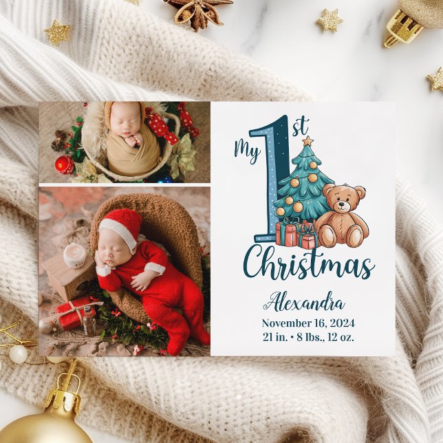 Cartes Pour Fêtes Annuelles 2 Photo Blue Teddy Baby 1st Christmas (Créateur téléchargé)