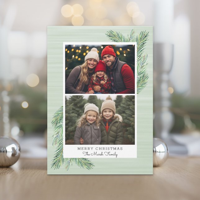 Cartes Pour Fêtes Annuelles 2 Photo Bordure blanche avec branches de pin Accen (Photo Christmas Card)