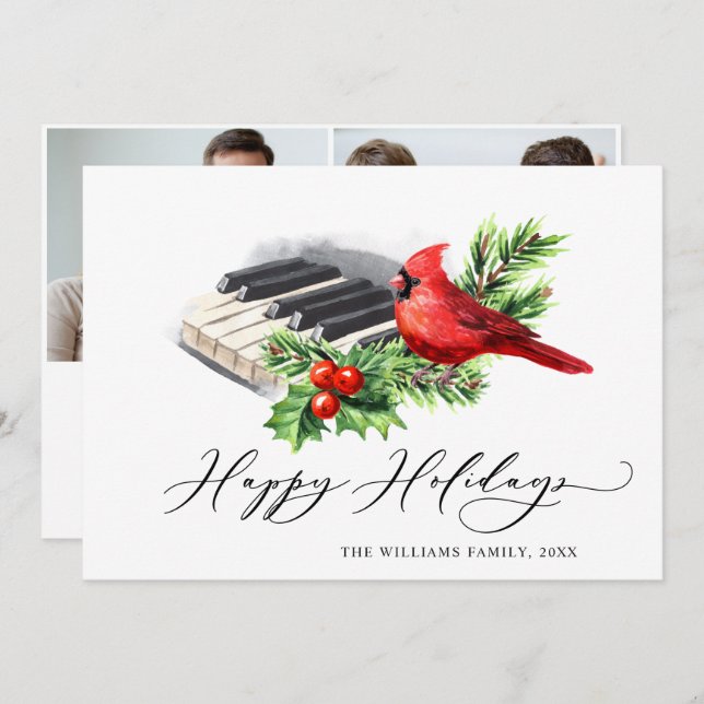 Cartes Pour Fêtes Annuelles 2 PHOTO Cardinal Rouge Holly Berry Noël (Devant / Derrière)