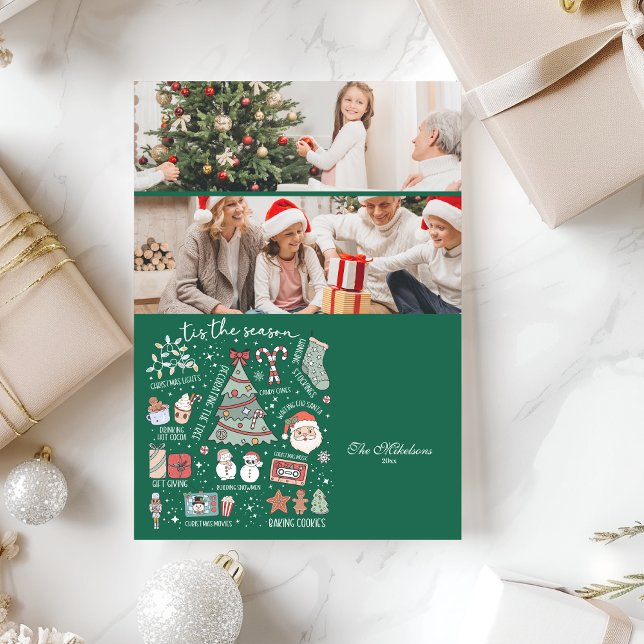 Cartes Pour Fêtes Annuelles 2 Photo Cette Saison Retro Green Noël (Créateur téléchargé)