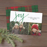 Cartes Pour Fêtes Annuelles 2 Photo Collage Joy Script Saison Salutation plaid<br><div class="desc">Un design fantaisiste avec un collage photo 2 à l'avant et un motif plaid à l'arrière. L'accueil est une grande police festive moderne et rustique. Customisez ceci avec 2 photos et nom de famille. Le design du dos comprend un motif en plaid de Noël rouge et vert pour un look...</div>