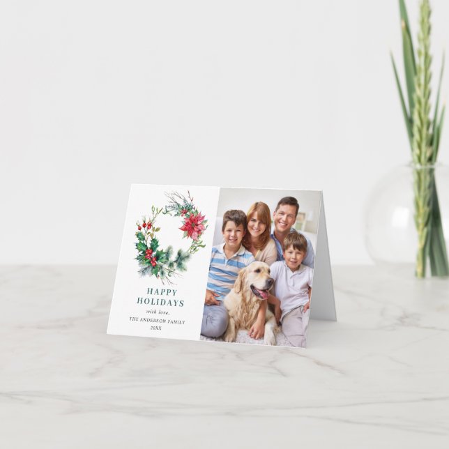 Cartes Pour Fêtes Annuelles 2 PHOTO Couronne de Noël de poinsettia de houx Car (Devant)