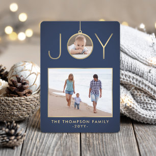 Cartes Pour Fêtes Annuelles 2 Photo Joie de Noël Ornament Marine Bleu et Or