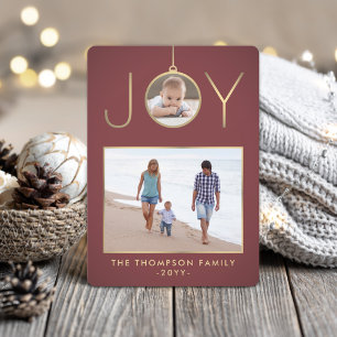 Cartes Pour Fêtes Annuelles 2 Photo Joie de Noël Ornement Bourgogne et or