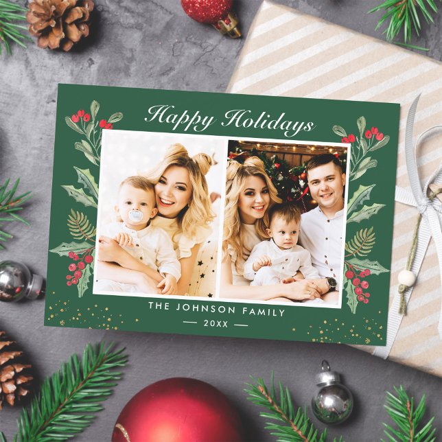 Cartes Pour Fêtes Annuelles 2 Photo Joyeuses Fêtes Baies de Houx Noël (Créateur téléchargé)