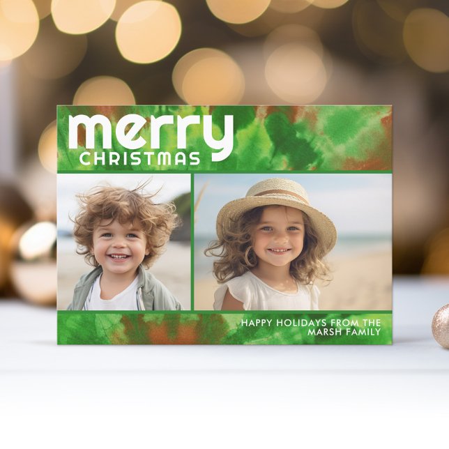 Cartes Pour Fêtes Annuelles 2 Photo - Joyeux Noël - Cravate-teinture rouge ver (A funky tie dye design with 2 Christmas photos. Online and download options available.)