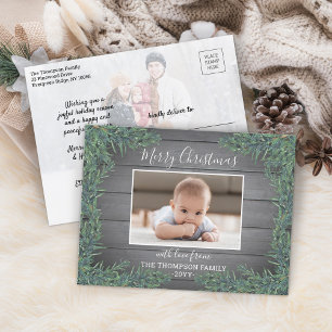 Cartes Pour Fêtes Annuelles 2 Photo Noël Vert et gris rustique Bois