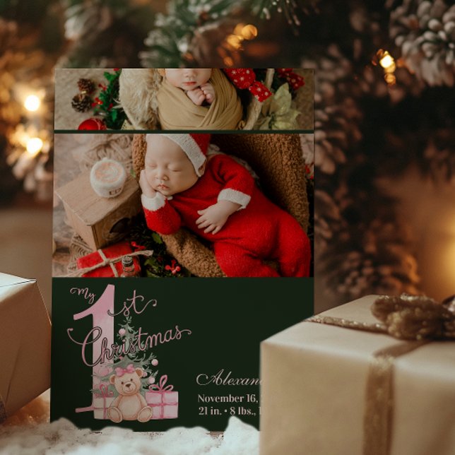 Cartes Pour Fêtes Annuelles 2 Photo Pink Green Baby First Christmas (Créateur téléchargé)