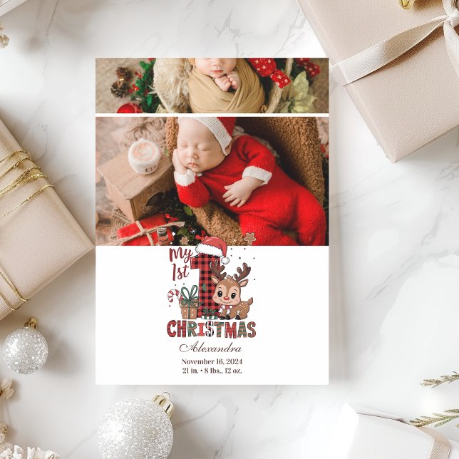 Cartes Pour Fêtes Annuelles 2 Photo Plaid Reindeer First Christmas (Créateur téléchargé)
