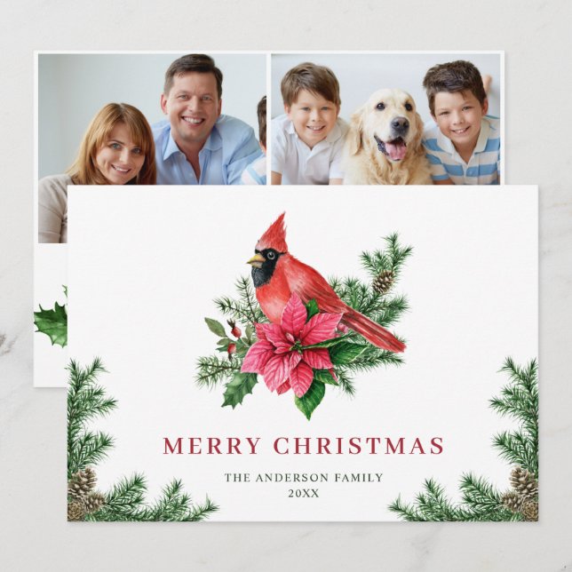 Cartes Pour Fêtes Annuelles 2 PHOTO Poinsettia Cardinal Rouge voeux de Noël (Devant / Derrière)
