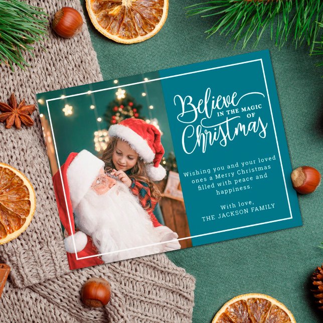 Cartes Pour Fêtes Annuelles 2 photos de famille turquoise Croyez en la magie d (Créateur téléchargé)