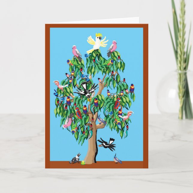 Cartes Pour Fêtes Annuelles 2 rosellas cramoisi, et un cockatoo sur un gumtree (Devant)