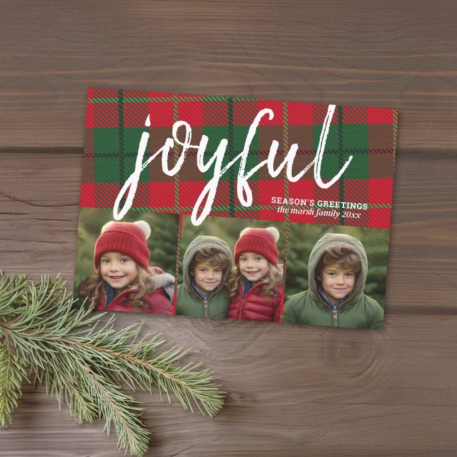 Cartes Pour Fêtes Annuelles 3 Collage Photo - Bonnes Fêtes Joyeuses Plaid (3 Photo Modern Christmas Card - Bounce Calligraphy - plaid background - download option available)