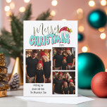 Cartes Pour Fêtes Annuelles 3 Family Photo Collage Retro Police Joyeux Noël<br><div class="desc">Ce design festif de Joyeux Noël a été créé en utilisant une police de script moderne amusante et ma police de bloc lettrée à la main dans un style rétro des années 80 en bleu et rouge doux surmonté de mon chapeau de Père Noël peint à la main avec des...</div>