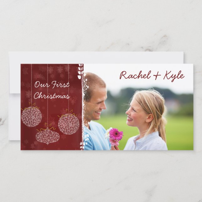 Cartes Pour Fêtes Annuelles 3 Ornements Notre premier Noël Votre photo (Devant)