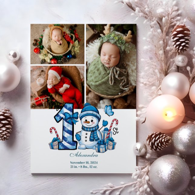 Cartes Pour Fêtes Annuelles 3 Photo Blue Snowman First Christmas (Créateur téléchargé)